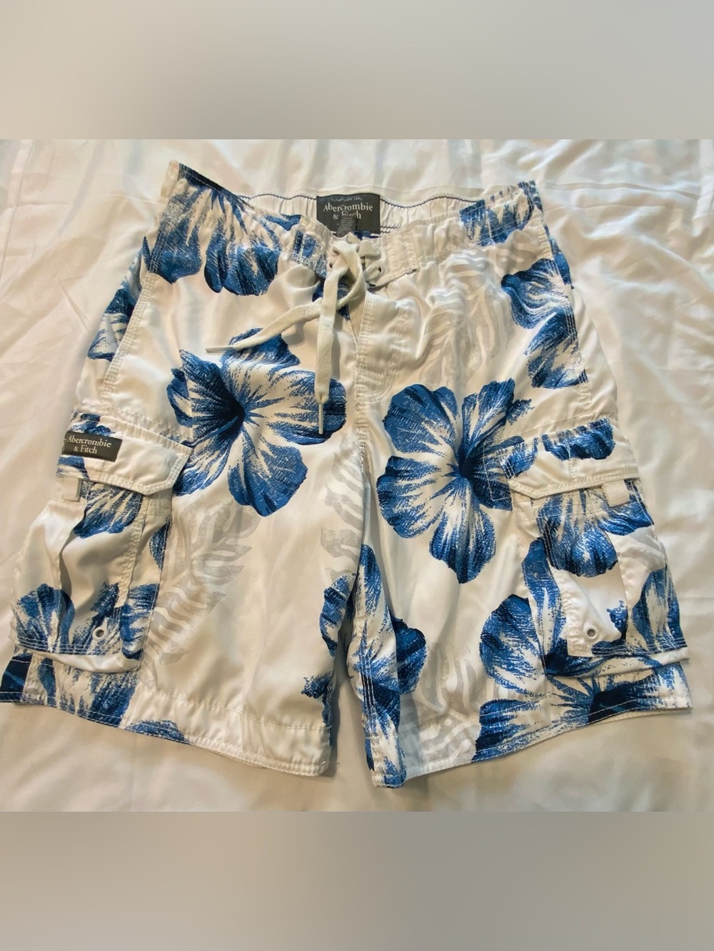 Abercrombie & Fitch White Swim Shorts with Blue Floral Print